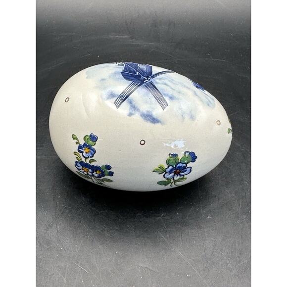 Delft Style Porcelain Blue White Egg from Lancaster PA Windmills Flowers - Picture 5 of 9